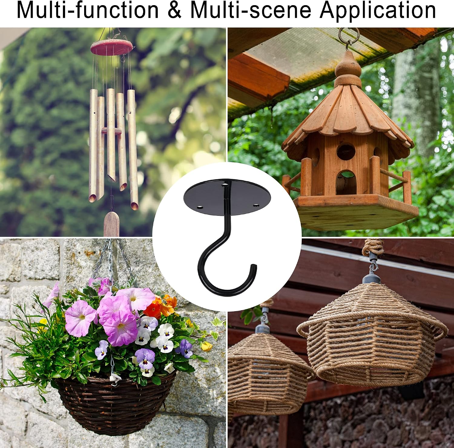YIBOT Ceiling Hooks for Hanging Plants-Metal Plant Bracket Iron Wall Mount Lanterns Hangers for Hanging Bird Feeders,Lanterns,String Lights, Wind Chimes,Indoor Decoration Hooks（4 Pack/Black