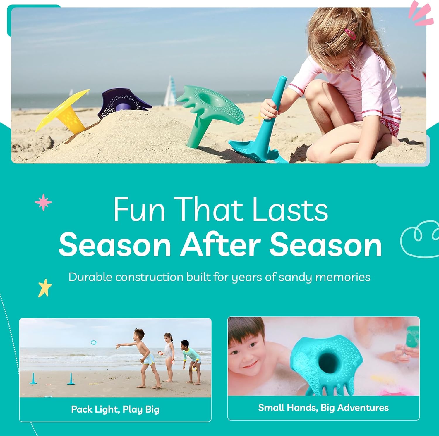 Quut Triplet (Lagoon Green) - All in One Rake, Shovel and Sifter Beach Toy