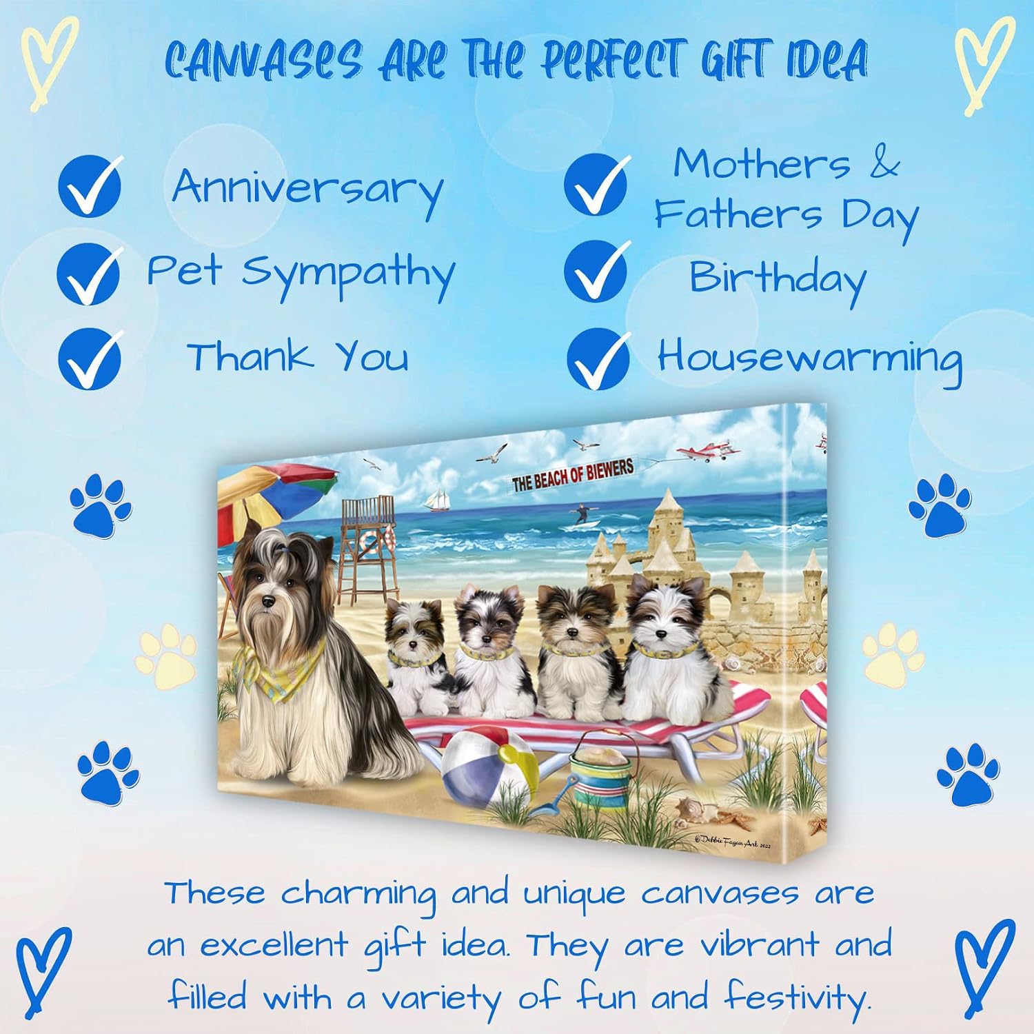 Pet Beach Family with Biewer Terrier Dogs Canvas Wall Art - Premium Quality Ready to Hang Room Decor - Black Floating Framed 16" x 24"