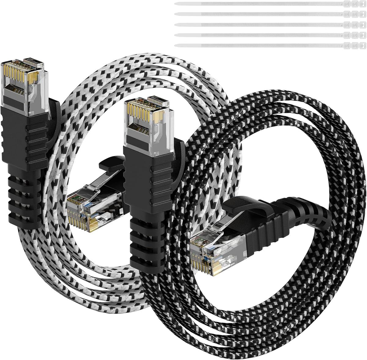 Elecan Cat 6 Flat Ethernet Cable 8 Feet/2 Pack, UL Listed Slim Patch Cord(from 2-300ft) Pure Copper,10Gbps 500MHz,Nylon Braided Cat6 Cat5e Cat5 RJ45 Network Internet Cable+15 Ties