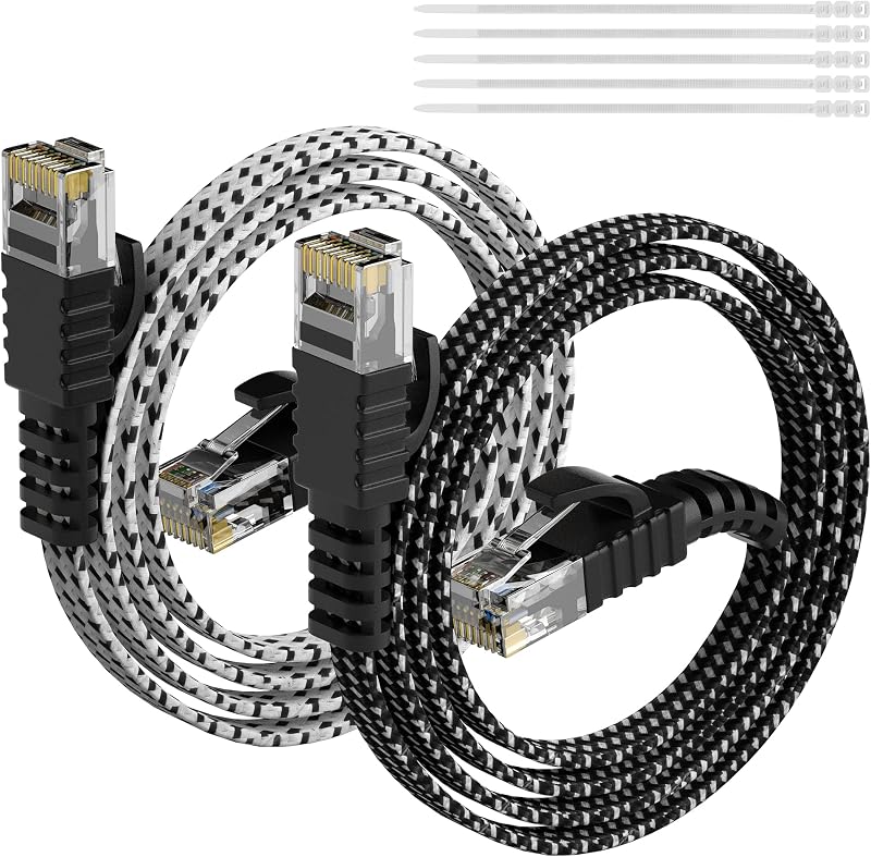 Cat 6 Flat Ethernet Cable 4 Feet/2 Pack, UL Listed Slim Patch Cord(from 2-300ft) Pure Copper, 10Gbps 500MHz,Nylon Braided Cat6 Cat5e Cat5 RJ45 Network Internet Cable+15 Ties