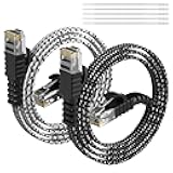 Elecan Cat 6 Flat Ethernet Cable 4 Feet/2 Pack, UL Listed Slim Patch Cord(from 2-300ft) Pure Copper, 10Gbps 500MHz,Nylon Braided Cat6 Cat5e Cat5 RJ45 Network Internet Cable+15 Ties