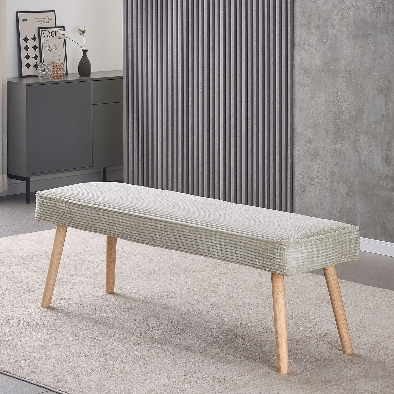 Esszimmerbank EMIL 160 cm – Sitzbank ohne Rückenlehne aus Kordstoff in Grau – Gepolsterte Bank mit Federkern – Massivholzbeine im skandinavischen Design – Ideal für Esszimmer, Flur oder Garderobe