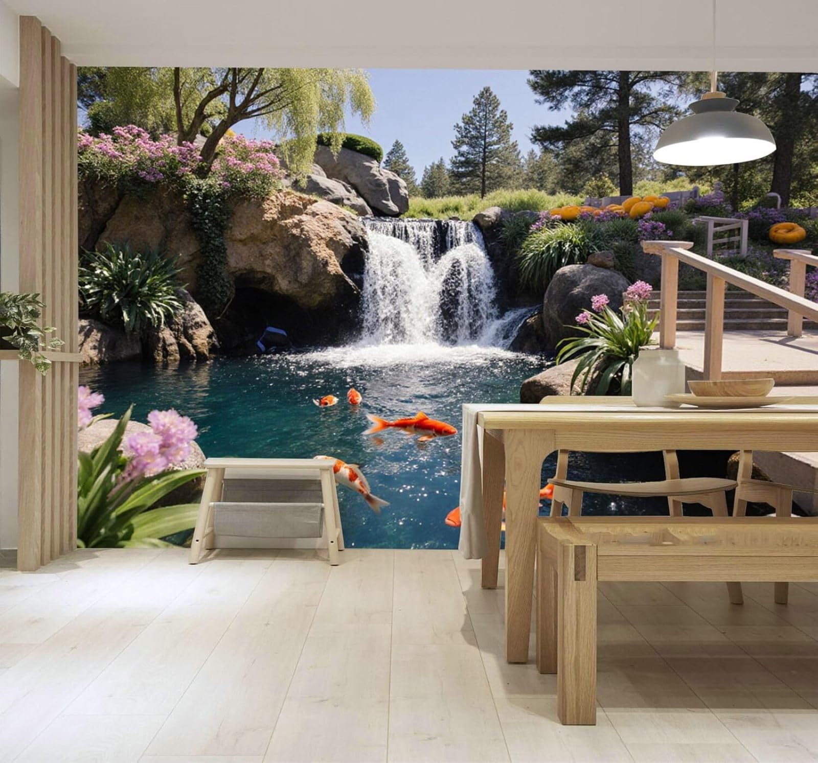 Tzxztt Koi Pond Garden Wooden Bridge Waterfall Natural Scenery Modern 3D Wallpaper Premium Textured Silk Neutral Tones Material Ideal for Living Room Bedroom-250cm×170cm
