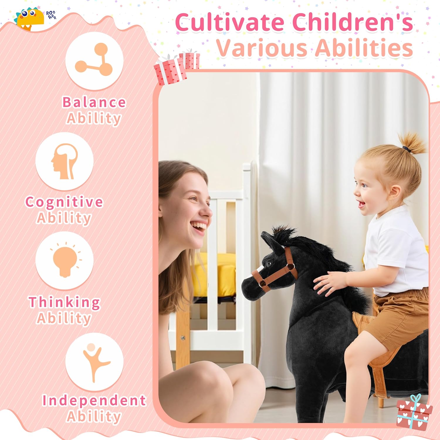 Pipleo Ride on Horse for Kids, (42.5'' Height) Horse Ride on Toy, Riding Horse Rider Mechanical Walking Action Plush Animal for 6 Years Old to Adult, No Battery or Electricity, Max Load 187 LBS - BK