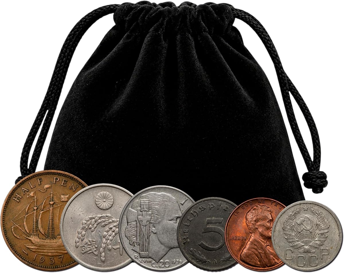 WW2 World Currency - 6 Coins Used During The World War 2 by Allies & Axis (1939-1945). Special WW2 Memorabilia for Collector. Presented in a Velvet Bag. Certificate of Authenticity Included.