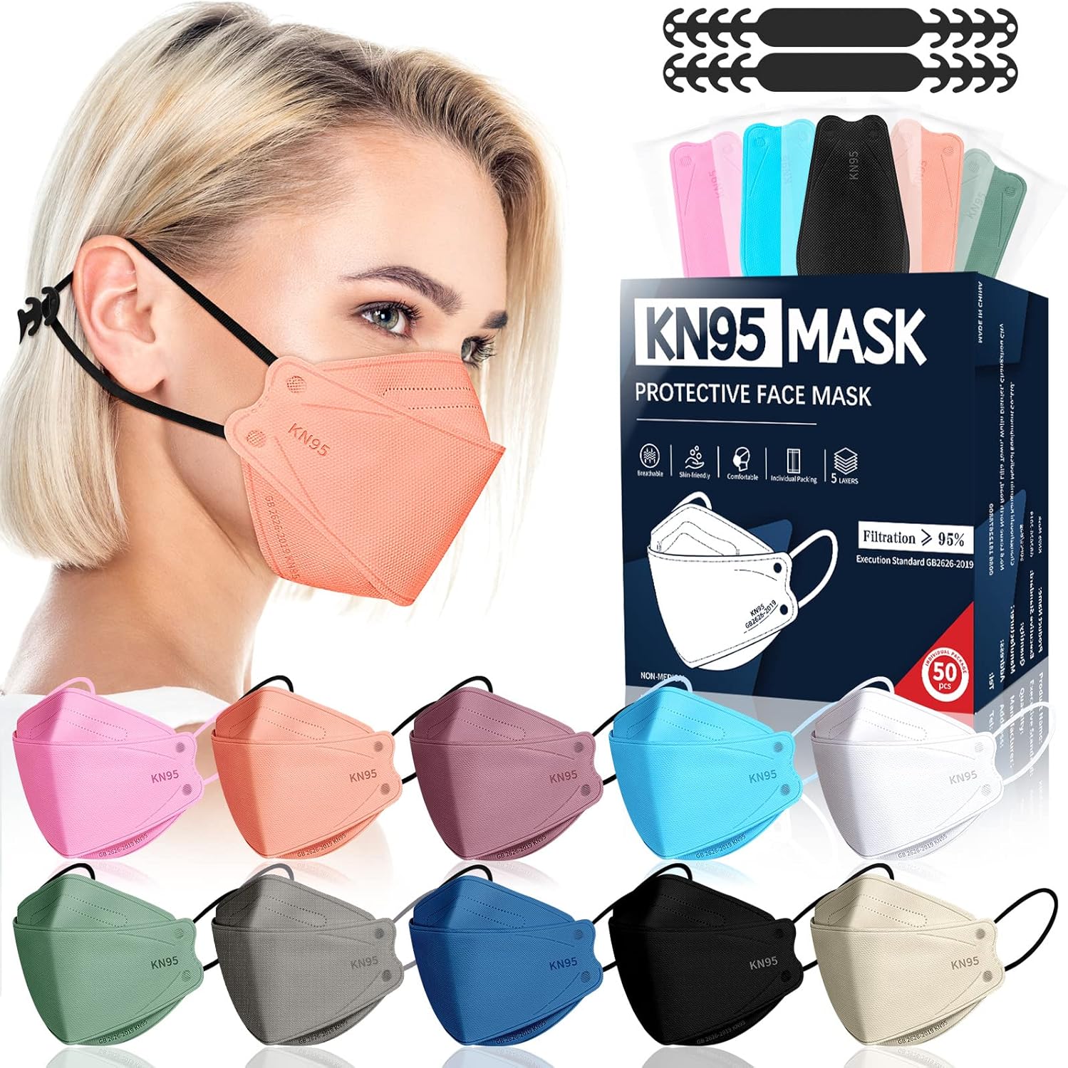 FENFEN KN95 Face Masks Disposable Adults – 50 Pack 5 Layer Protection Dust Breathable Comfortable Respirator Women KN95 Mask Individually Wrapped