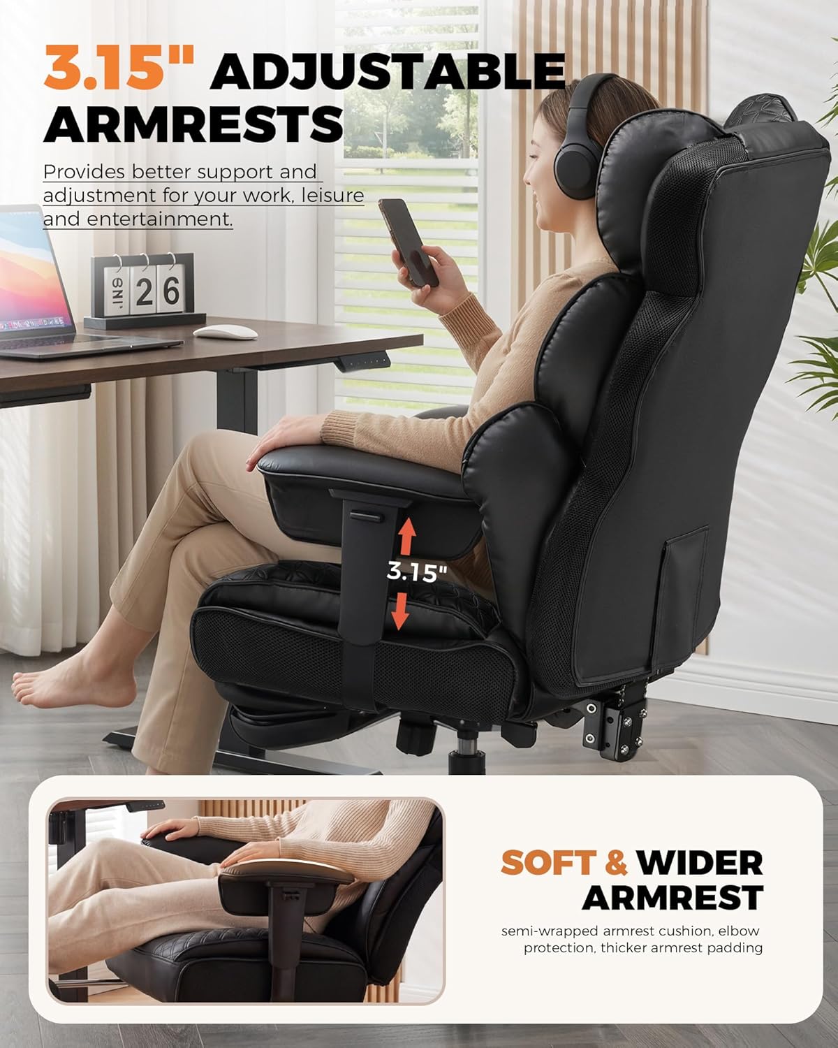COMHOMA Big and Tall Office Chair with Upgrade Footrest, Heavy Duty Gaming Chair High Back Executive Chair with Spring Lumbar Support for Lower Back Pain Relief, 150°Reclining Adjustable Armrests