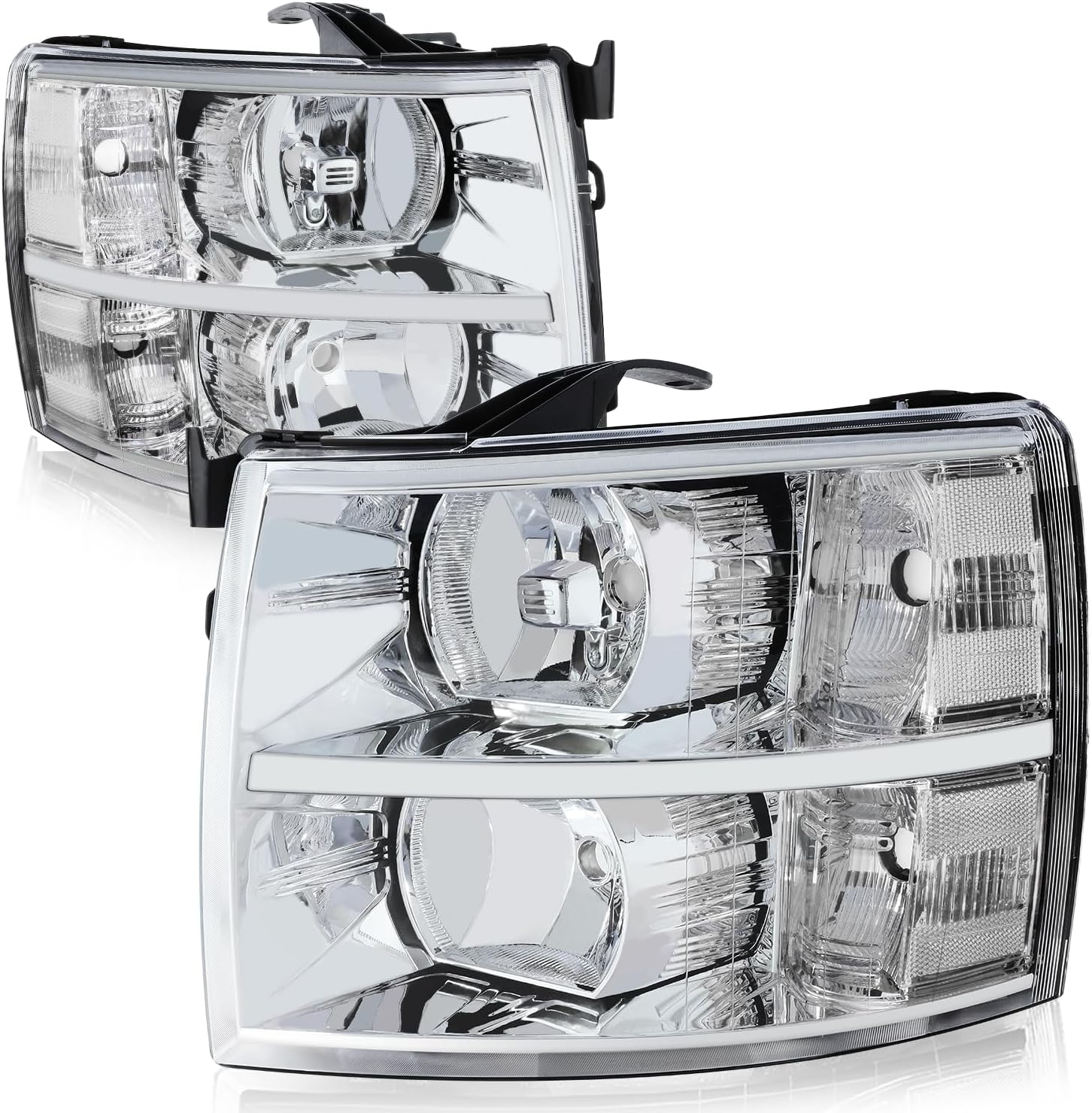Auto Dynasty Halogen Headlights Assembly Compatible with Chevy Silverado 1500 2500HD 3500 GMT900 2007 2008 2009 2010 2011 2012 2013 2014, Driver and Passenger Side, Chrome Housing
