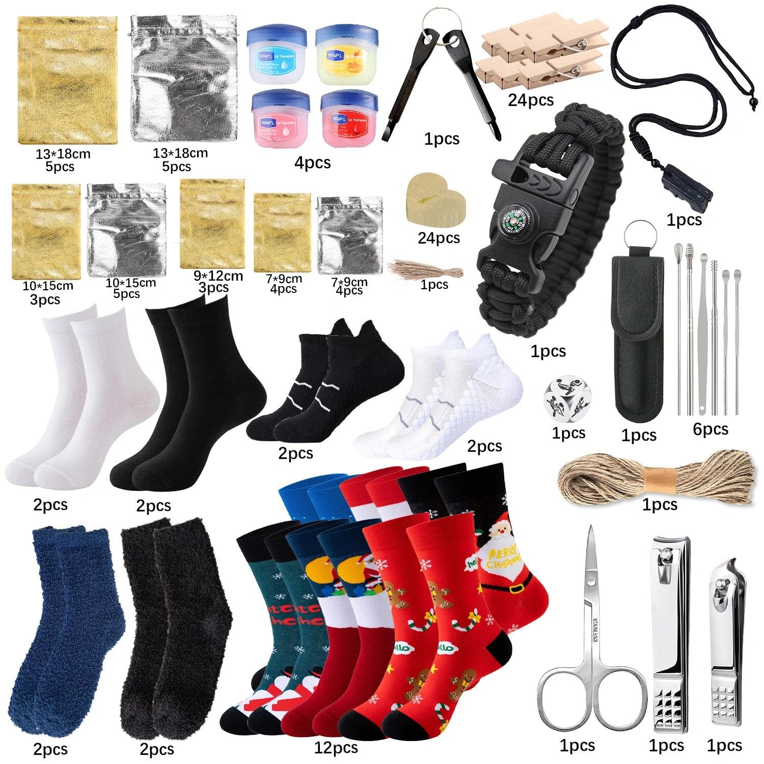 Calendrier de L'avent Homme,Kit Calendrier de L'avent Adulte Bricolage Homme,Outils Pratiques,Chaussettes de Noel,Boussole,Outils de Nettoyage Personnels,Pierre de Bonheur,Adolescents Cadeau