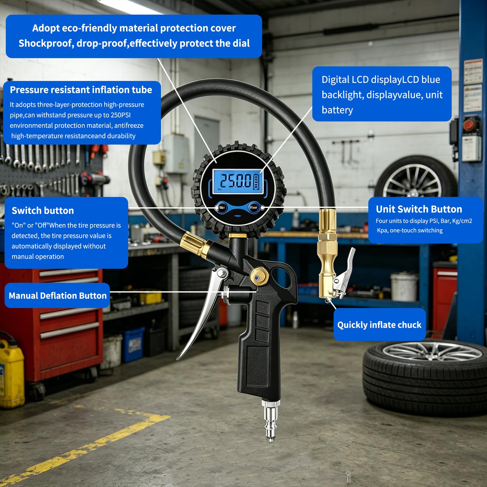 Digitaler Reifenfüller mit Manometer, 0,1 PSI hochpräziser Druckluft-Reifendruckprüfer,4 Arten der Einheitenumschaltung,Reifendruckprüfer für PKW, LKW, Motorrad, Fahrrad, Messbereich 0-250 PSI