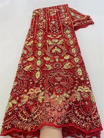 Red Nigerian Lace Fabrics Fashion Women African Tull Lace Luxury Handmade Bead Sequins Fabrics for Wedding