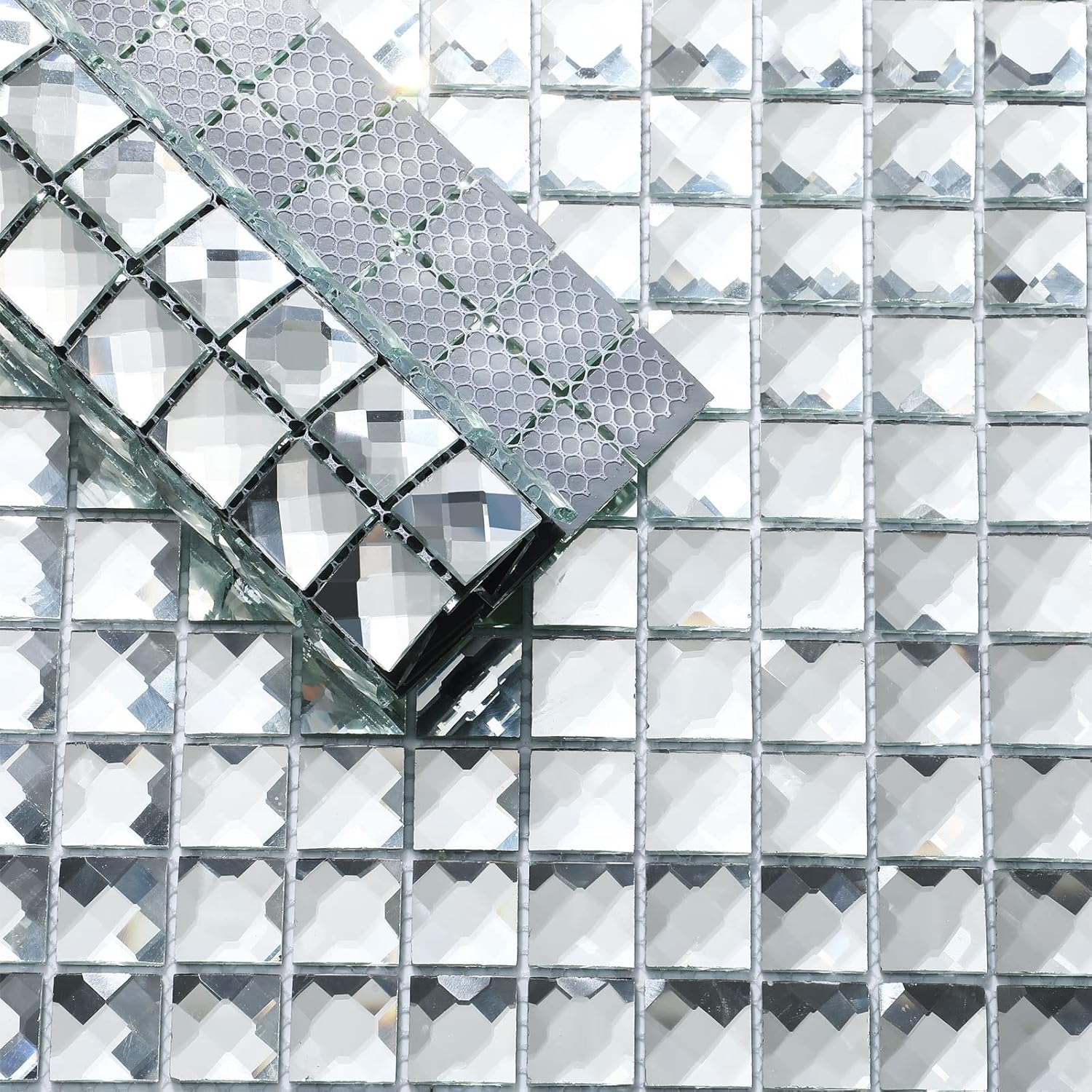 Geetery 20 Sheets 12 x 12 Inches Mirror Glass Mosaic Tile Disco Mirror Tiles Backsplash Crystal Diamond Tile for Kitchen Bathroom Laundry Wall DIY Picture Frame Decoration
