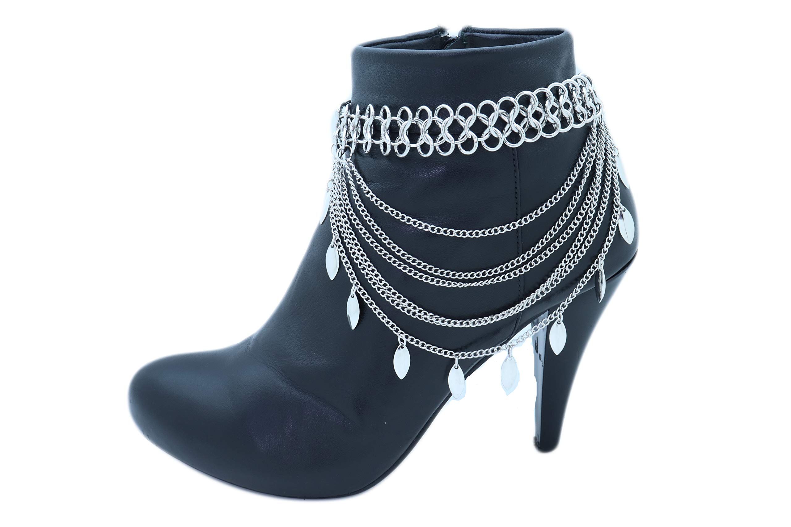 Women Western Fashion Jewelry Boot Chain Bracelet Silver Color Metal Shoe Anklet Bling Leaves Charm Adjustable Size