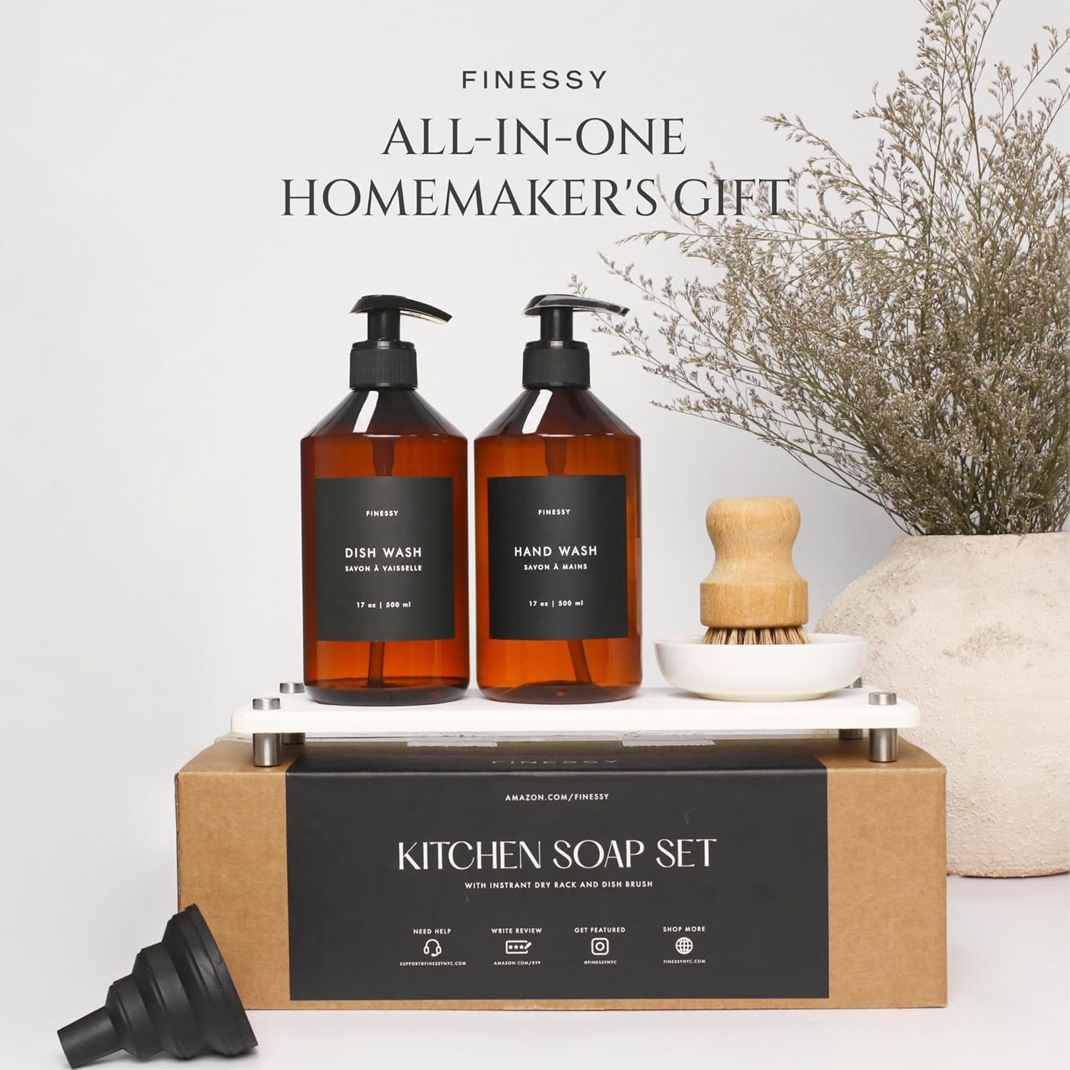 FINESSY Modern Hand and Dish Soap Dispenser Set for Kitchen Counter with Tray and Bamboo Brush, Kitchen Soap Dispenser Set with Tray Refillable Dual Containers Also for Dishwashing Liquid and Lotion - Image 7