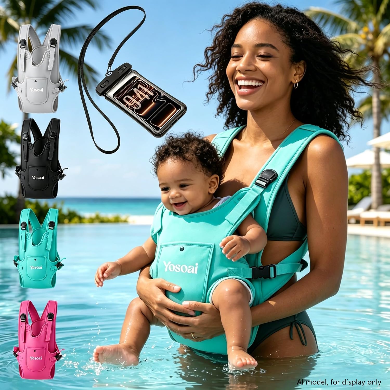 Premium Neoprene Baby Water Carrier, 50mm Wide Strap & 60mm Slide Lock Buckle, Ergonomic X+H Back Support, Quick Dry Land & Water Carrier with Waterproof Pouch for Pool Beach Daily Outdoor (Lakeblue)