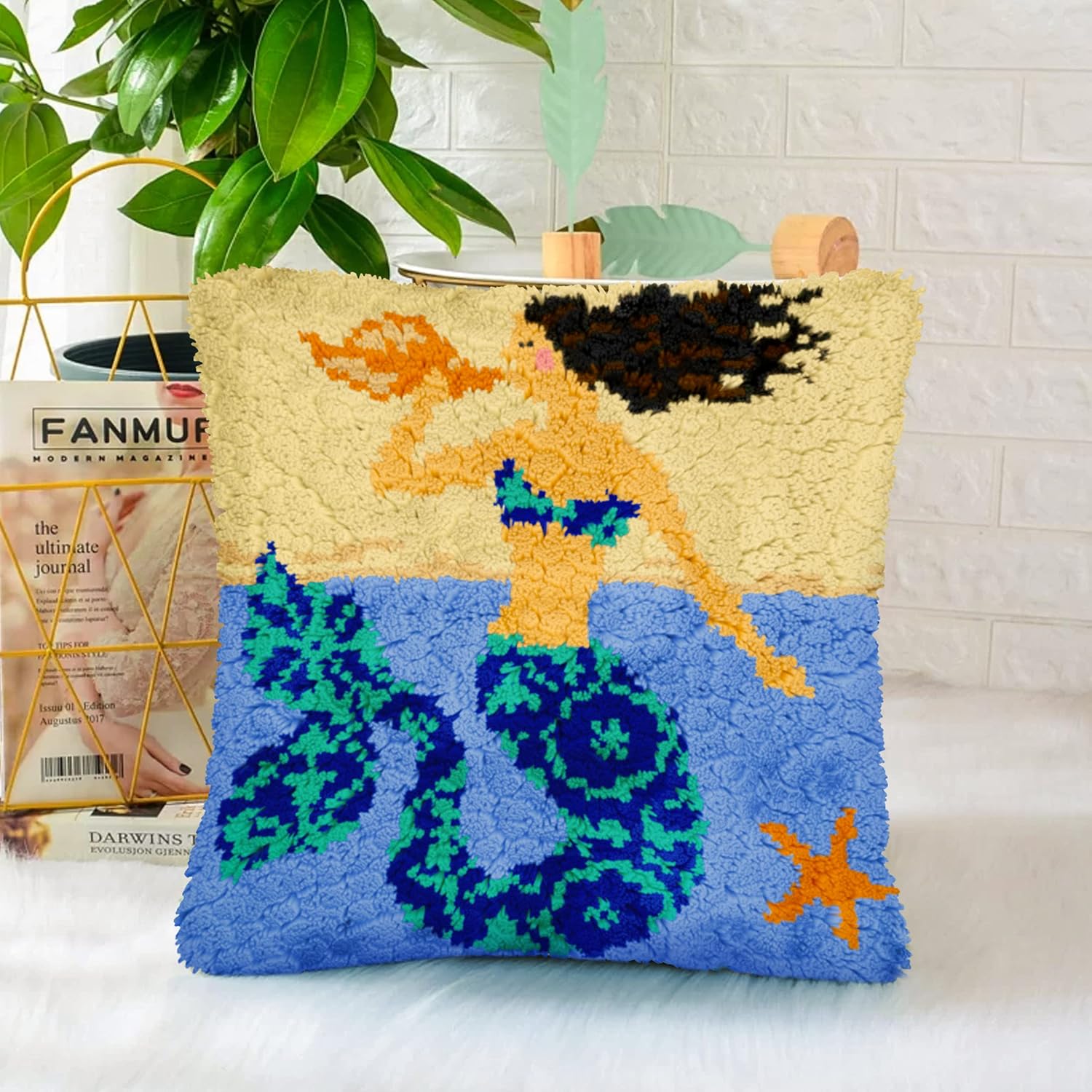 clubevy DIY Latch Hook Kits Pillow Case Embroidery Carpet Set Needlework Pillow Cover Sofa Cushion Cover Craft Kits 17x17 inch (Mermaid)