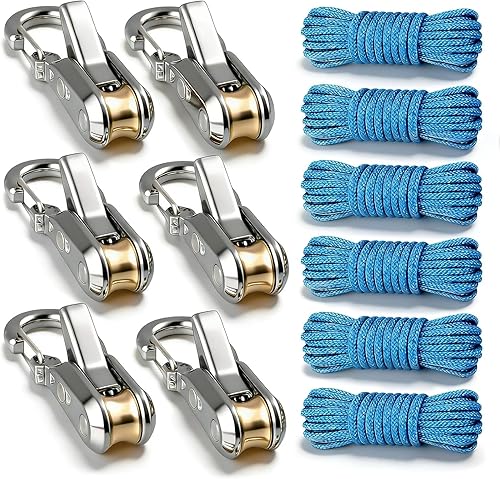 Stainless Steel Pulley Blocks with Rope, 6 Pack Set