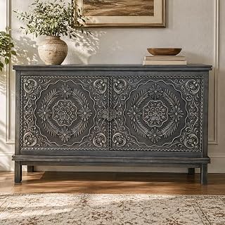 Aafiyat Vintage Handcrafted Wooden Sideboard Cabinet Cabinet with Intricate Carved Doors Rustic Grey Finish Floral Carving... Price In India