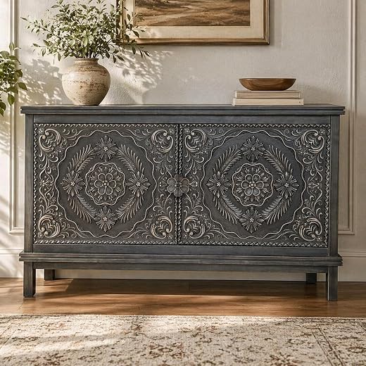 Aafiyat Vintage Handcrafted Wooden Sideboard Cabinet Cabinet with Intricate Carved Doors Rustic Grey Finish Floral Carving...