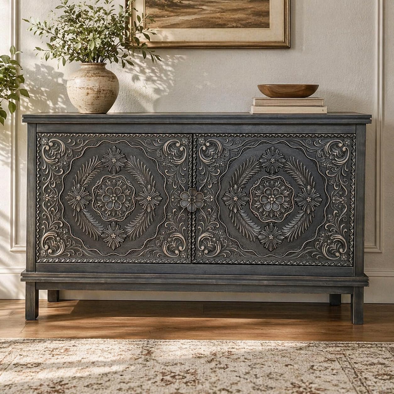 Aafiyat Vintage Handcrafted Wooden Sideboard Cabinet Cabinet with Intricate Carved Doors Rustic Grey Finish Floral Carving... - Review, Price and Buying Guide