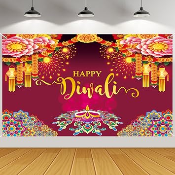 JULMELON Happy Diwali Backdrop Banner Decorations, 59x35.5 Inch Indian Diwali Backdrop Decorations for Home Wall Hanging,Diwali Photo Booth Props Background Banner Diyas Decor Supplies