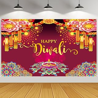 JULMELON Happy Diwali Backdrop Banner Decorations, 59x35.5 Inch Indian Diwali Backdrop Decorations for Home Wall Hanging,Diwali Photo Booth Props Background Banner Diyas Decor Supplies