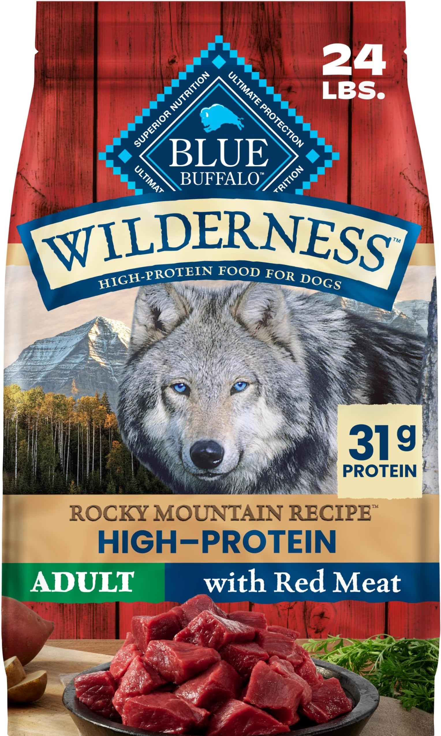 Wilderness Rocky Mountain Recipe Adult Dry Dog Food with Red Meat & Wholesome Grains, 31g Protein, Vibrant Energy for an Active Life, Made with Natural Ingredients, 24 lbs.
