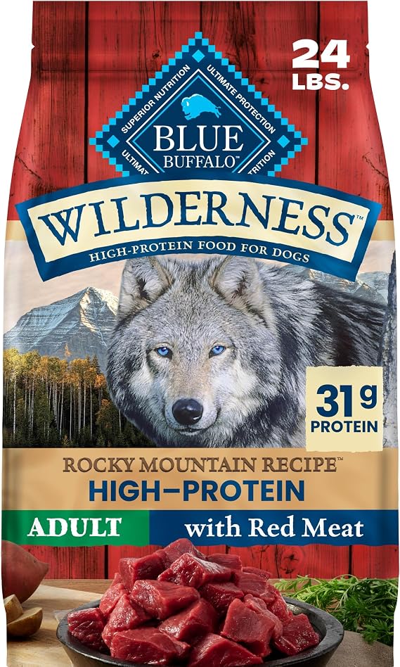 Blue Buffalo Wilderness Rocky Mountain Recipe Adult Dry Dog Food with Red Meat & Wholesome Grains, 31g Protein, Vibrant Energy for an Active Life, Made with Natural Ingredients, 24 lbs.