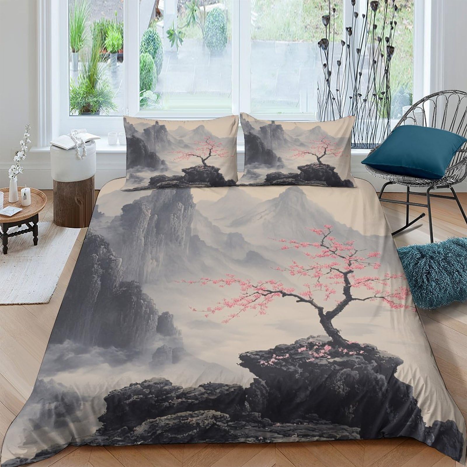 Ctjqhvkz Style-5 3D Printed Chinese Ink Landscape Fitted Sheet Microfiber Soft Pink Blossom Mountain Mattress Cover Bedroom Decor Single（135X200cm）