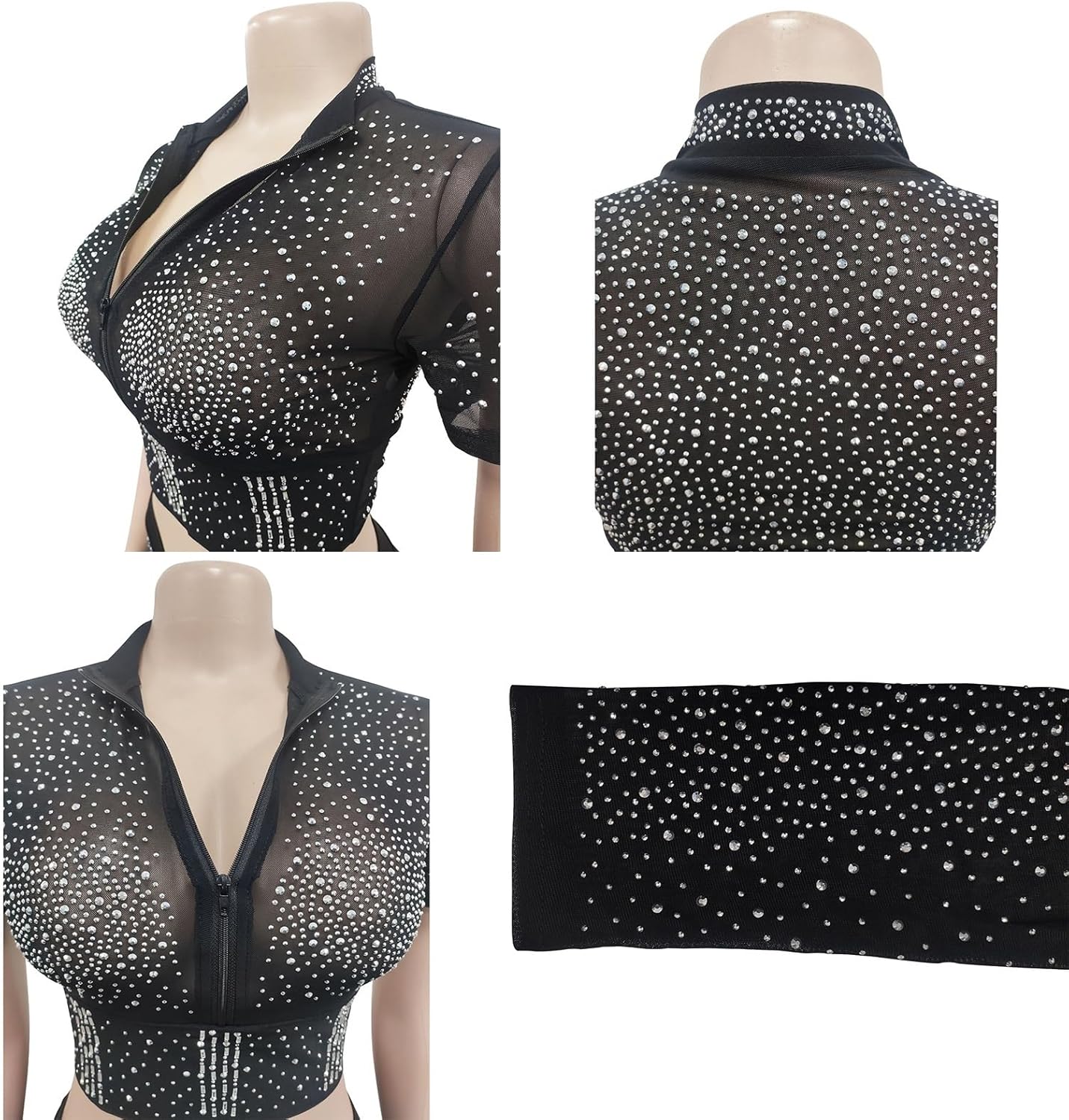 女性のナイトクラブ 2 ピース衣装セクシーなメッシュジッパー閉鎖半袖クロップトップとラインストーンボディコンショーツセット (Col