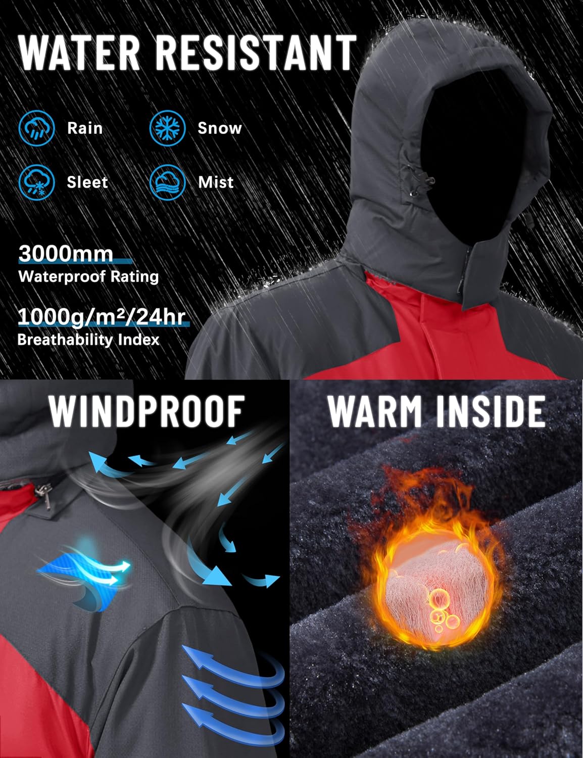 TACVASEN Winter Jacket Men's Water-Resistant Fleece Jacket Snow Ski Jacket Military Tactical Jacket Coat Parka Hood Raincoat - Image 3