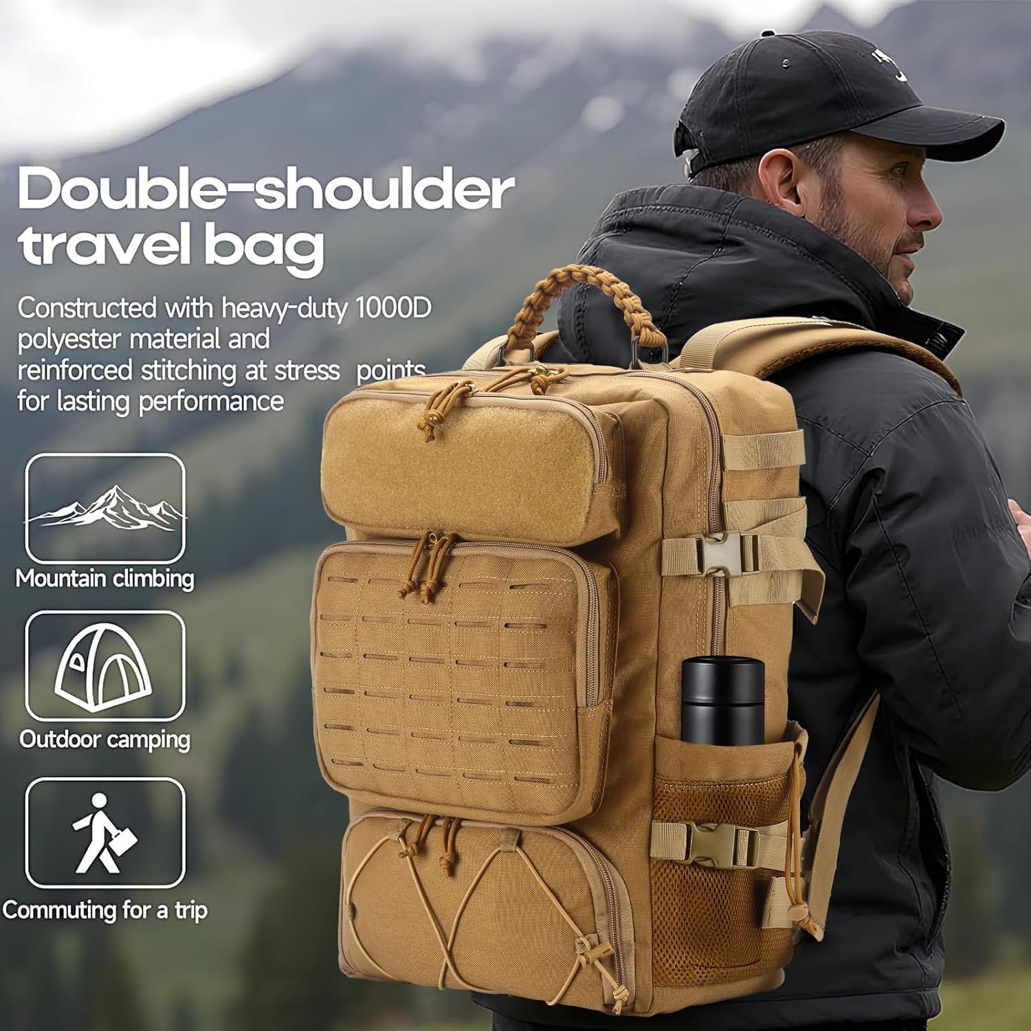 Tactical Backpack for Men, 35L Travel Military Backpack with Shoe Compartment, 1000D Water Resistant Molle Rucksack for Outdoor Hiking Travel Camping, Khaki Color