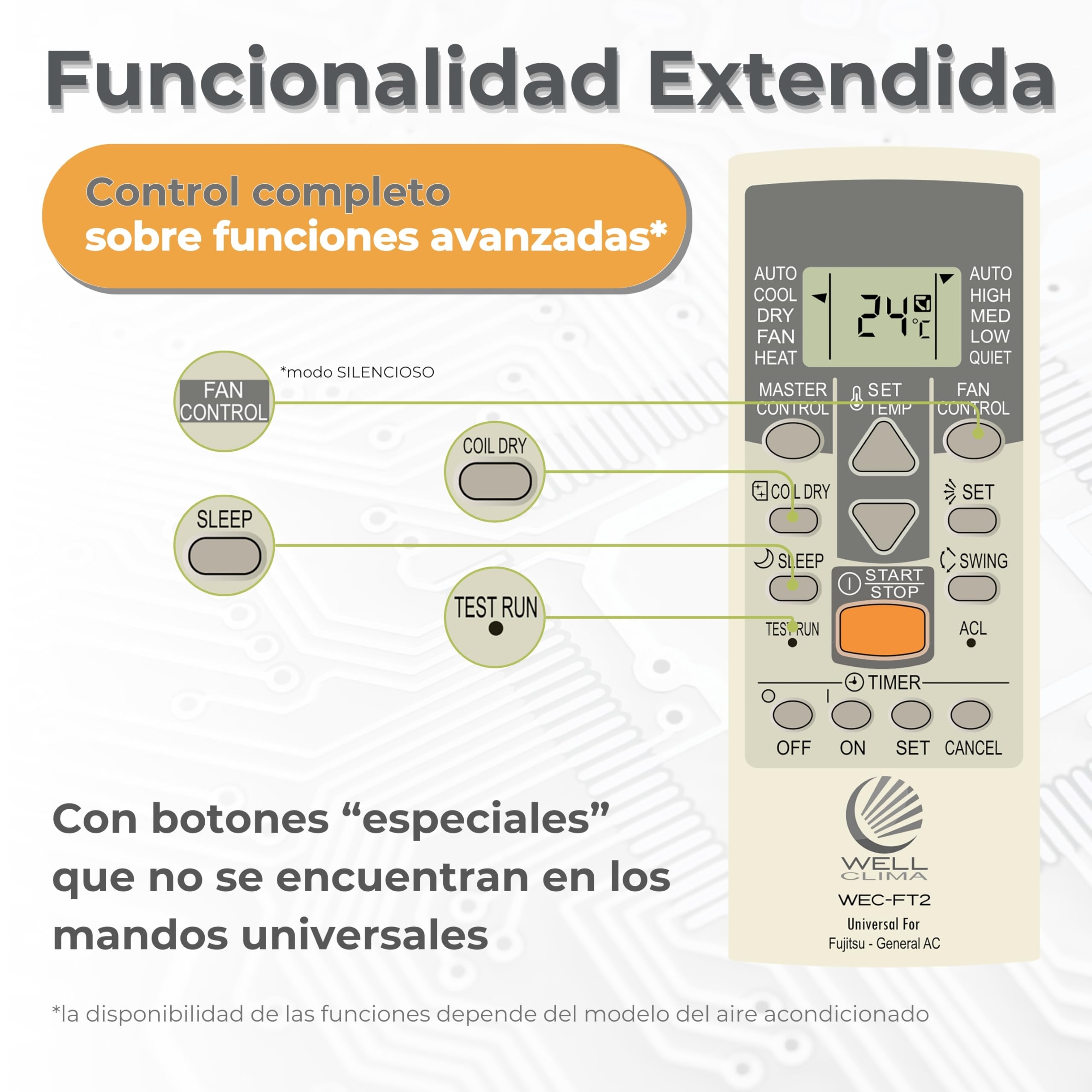 Wellclima WEC-FT II Mando Universal Compatible con Aires Acondicionados Fujitsu y General, Funciones Avanzadas, hasta 4 Velocidades de Ventilador, Listo para Usar en Segundos, Asistencia Wellclima