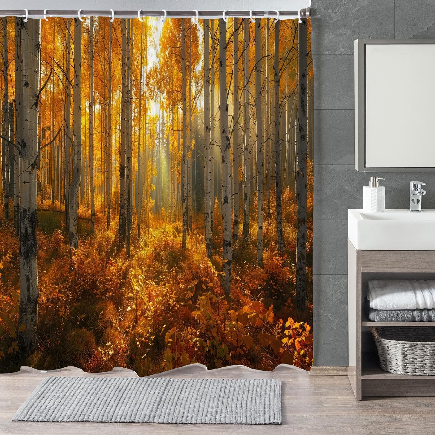 Autumn Forest Shower Curtains,Fall Woodland Yellow Leaves Shower Curtain for Bathroom,Nature Fabric Shower Curtain Set with Hooks Bath Decoration 72X84inches