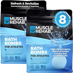 Muscle Rehab Epsom Salt Bath Bombs for Sore Muscles (8 Pack, 2x4) | Magnesium Recovery Soak with Arnica, Eucalyptus, Turmeric & Essential Oils