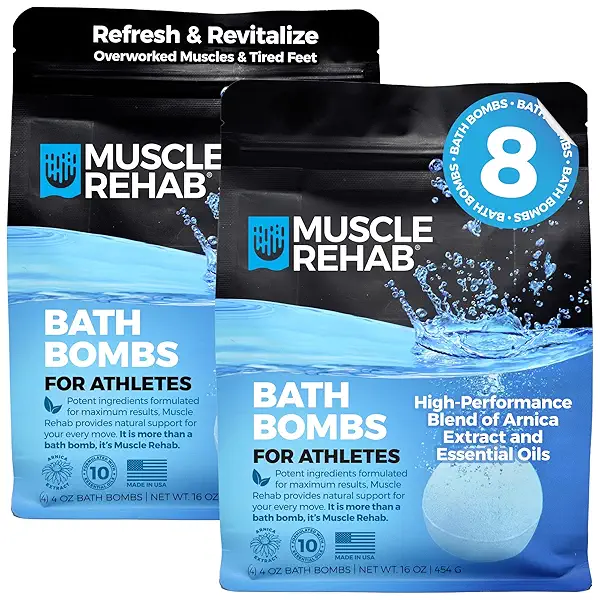 Muscle Rehab Epsom Salt Bath Bombs for Sore Muscles (8 Pack, 2x4) | Magnesium Recovery Soak with Arnica for Post-Workout Muscle Recovery & Relaxation | Eucalyptus, Turmeric & Essential Oils 1