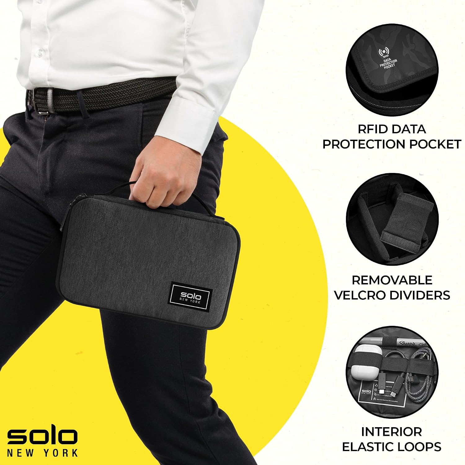 Solo New York RFID Tech Case - Electronics Organizer, Tech Accessories Pouch for Travel, Small Gadget Bag for Cords, RFID Data Protection for ID & Passport, Sturdy Carrying Handle - Bridge, Gray