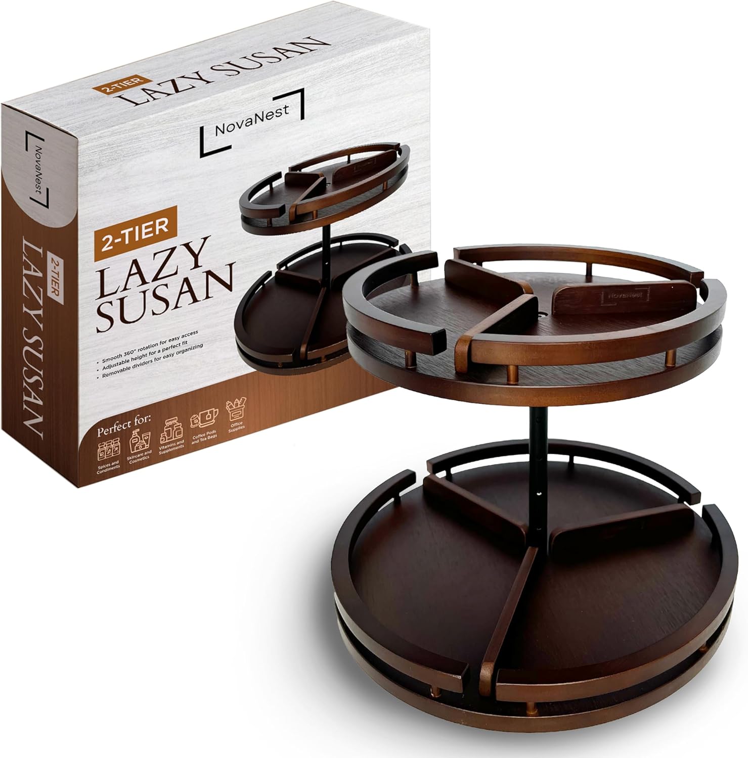 2 Tier Lazy Susan Organizer – 12" Bamboo Rotating Spice Rack Organizers with Adjustable Height Turntable for Cabinet, Pantry, Medicine Cabinet, Kitchen, Spinning Bathroom Counter Top Organizers