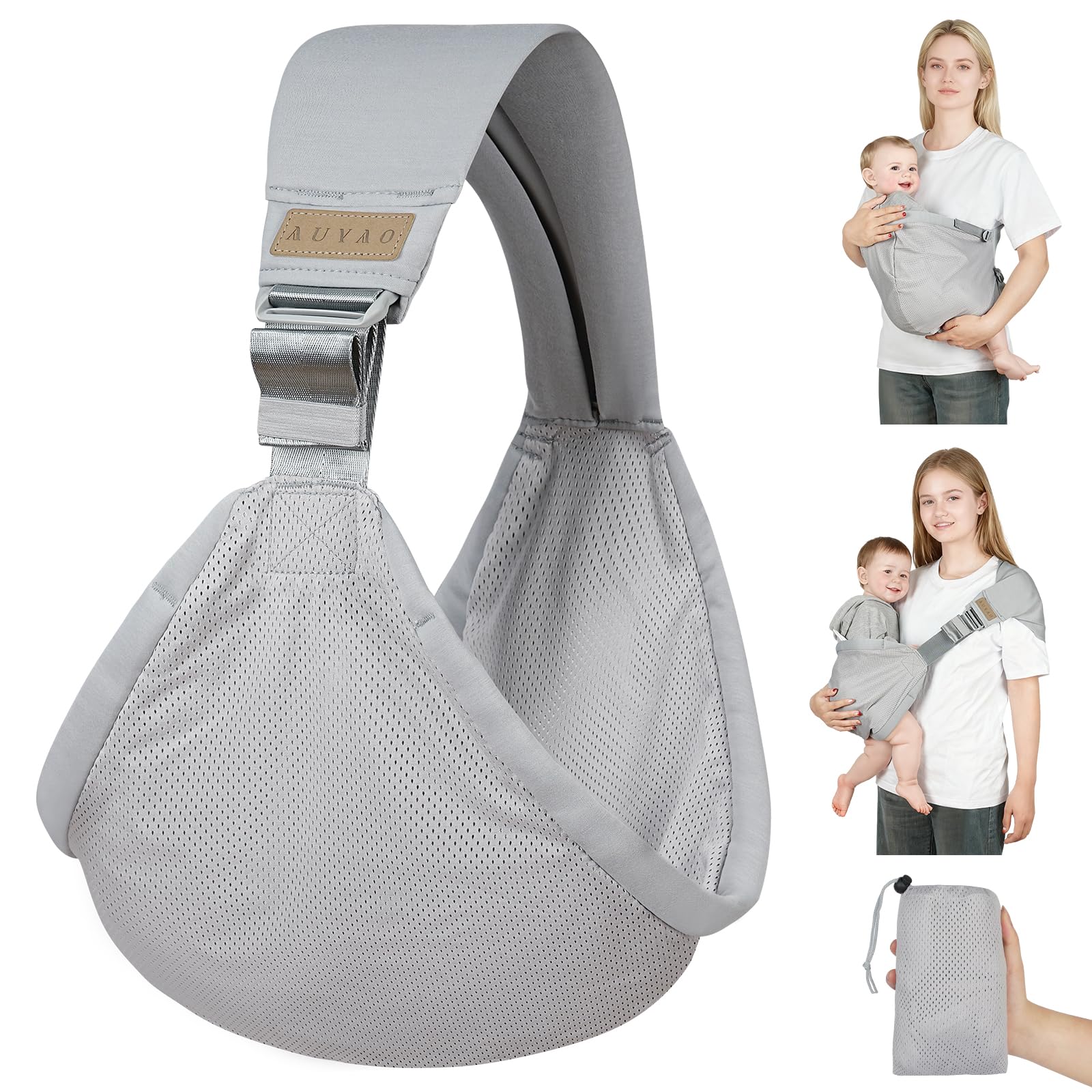AUYAO Tragetuch Baby Neugeborene Crossbody Verstellbare Träger Babytrage Kleinkind Tragehilfe Einfach Anzuziehen Elastisches Baby Trage Freihändige Anzulegender Baby-Tragetuch Ergonomische Hellgrau