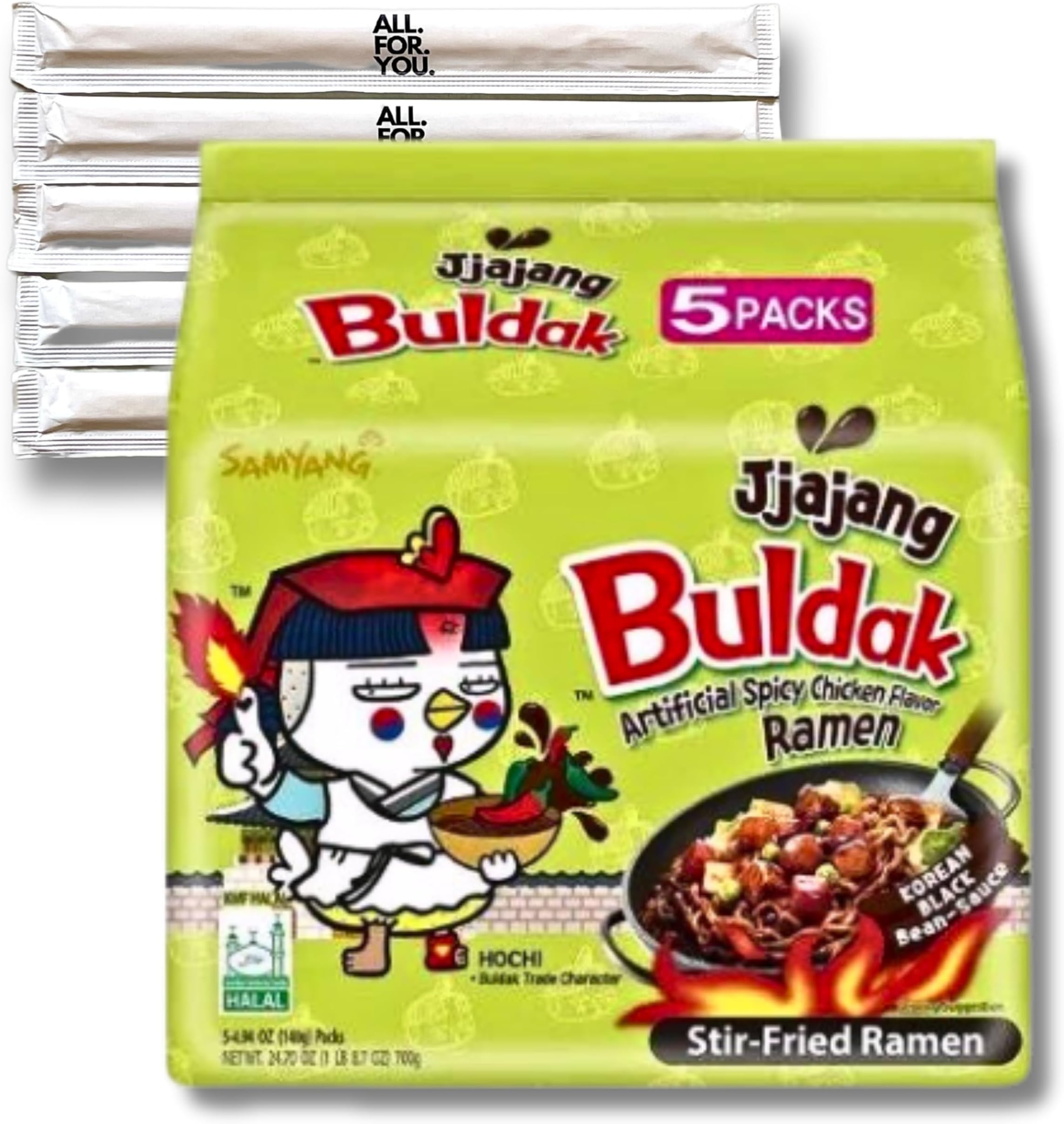 Buldak Ramen Noodles - Jjajang Flavor - 5 Pack - Spicy Ramen Noodles Buldak Ramen Korean Spicy Hot Chicken Stir-Fried Noodles Bundle with 5 ALL.FOR.YOU. Branded Chopsticks