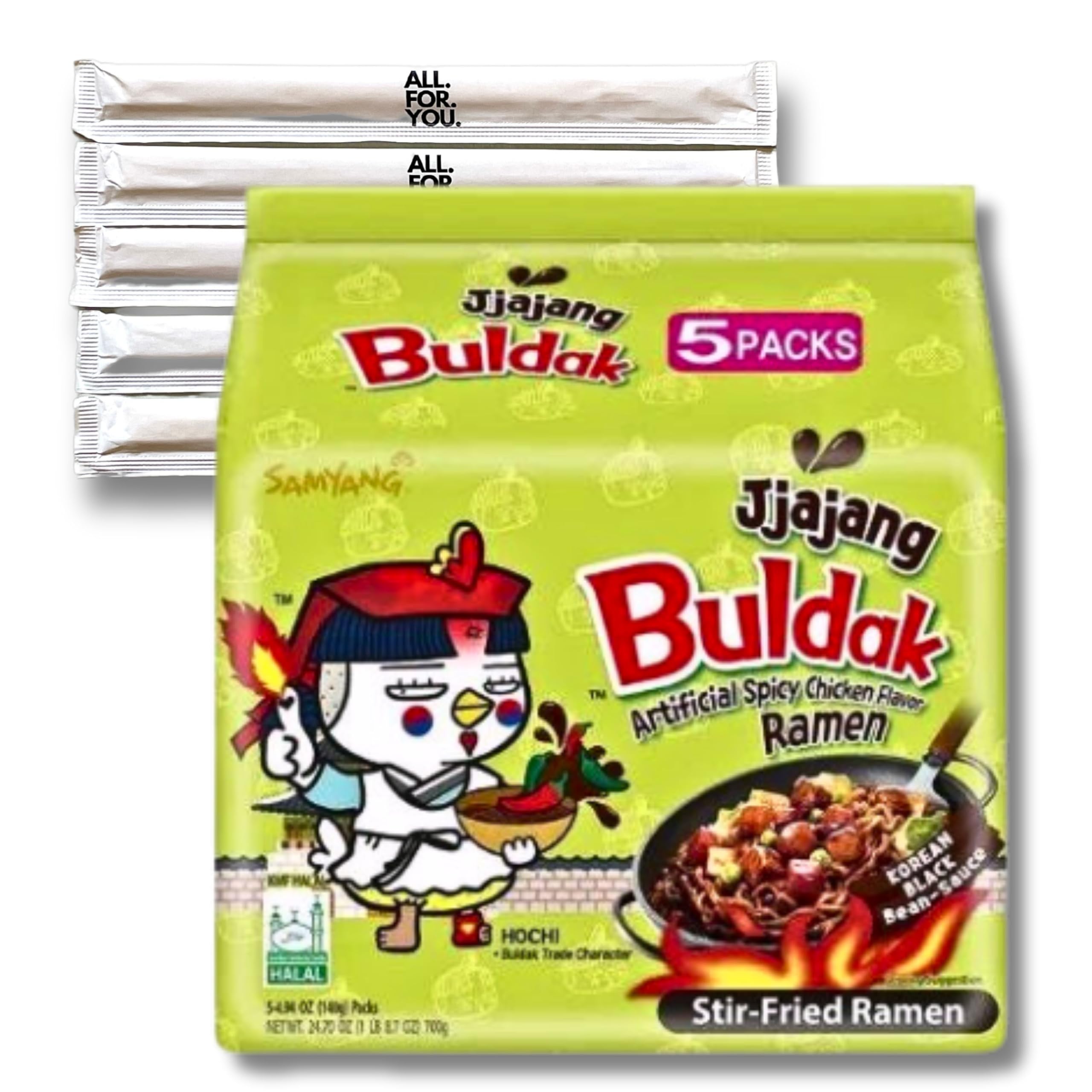 Buldak Ramen Noodles - Jjajang Flavor - 5 Pack - Spicy Ramen Noodles Buldak Ramen Korean Spicy Hot Chicken Stir-Fried Noodles Bundle with 5 ALL.FOR.YOU. Branded Chopsticks
