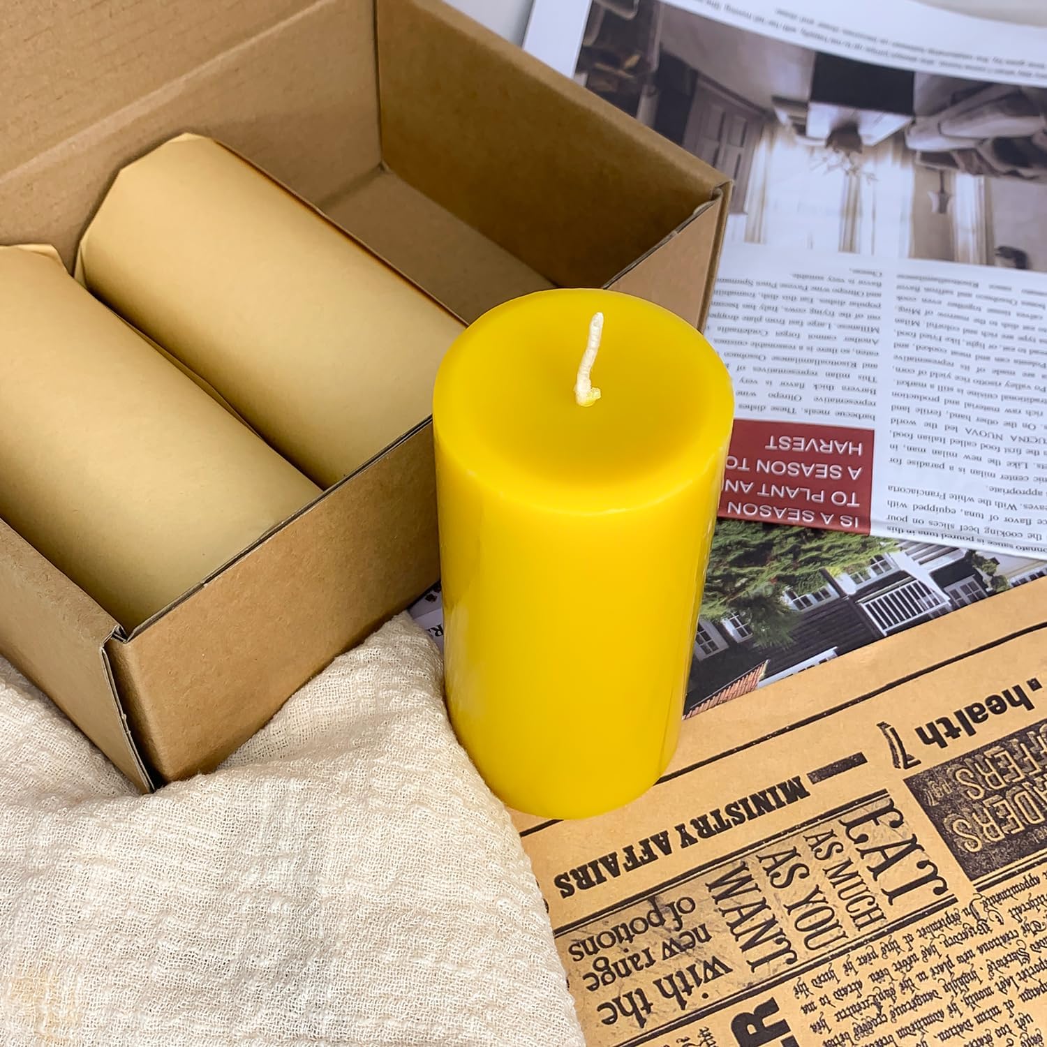 Kissingfish Beeswax Pillar Candles Set of 3, Natural Bees Wax Candle for Home, Up to 120 Hour Burn Time for Set, Smokeless & Dripless, Size 2"X4", Natural Yellow(Raw)