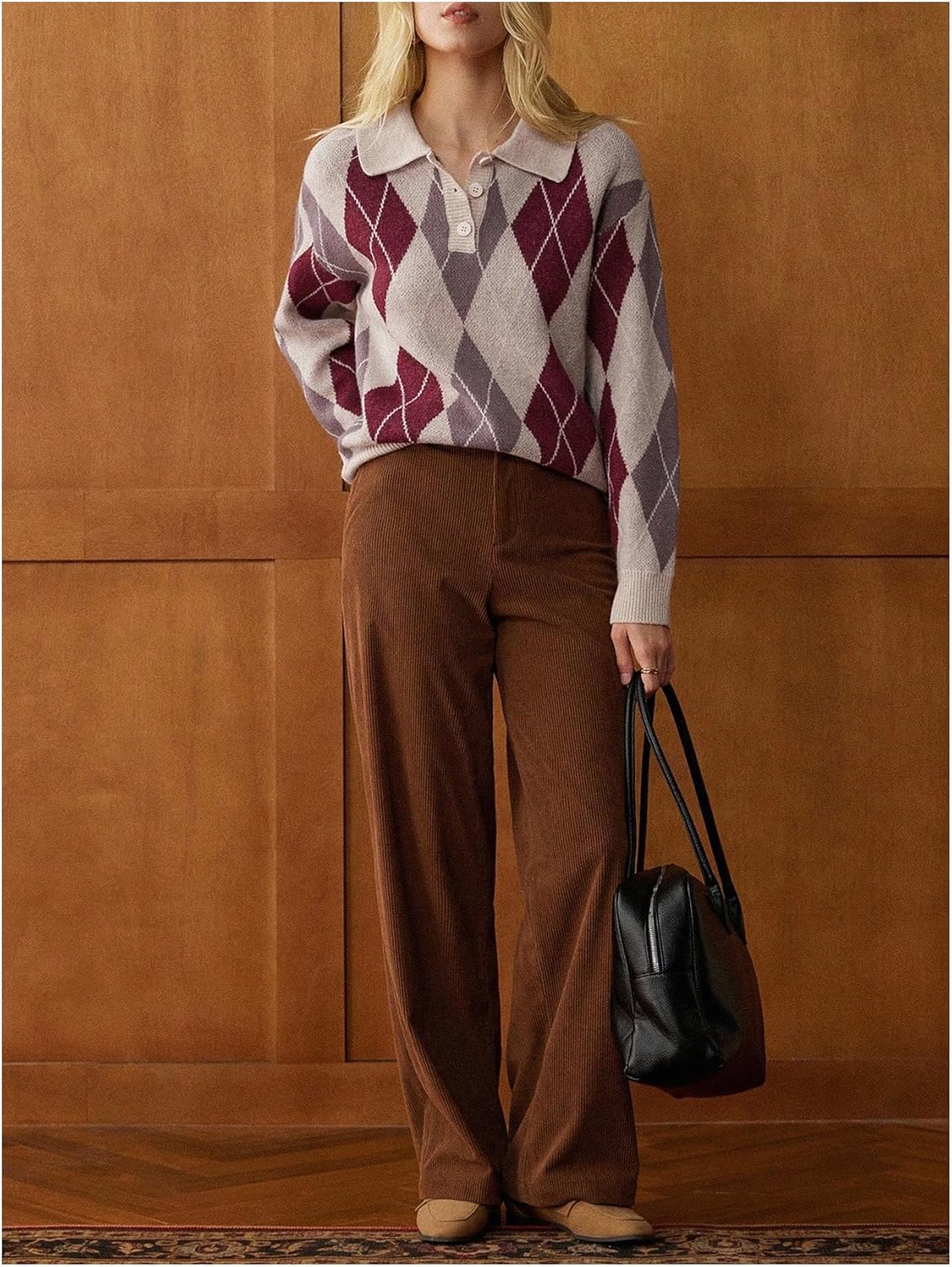 Women's Argyle Sweater Collared V Neck Long Sleeve Work Winter Pullover Knit Top