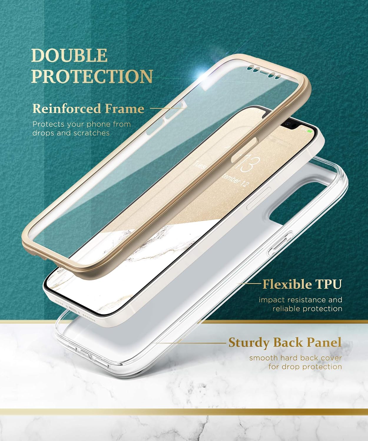 GVIEWIN Compatible with iPhone 12 Case or iPhone 12 Pro Case 6.1 Inch, [Built-in Screen Protector] [Full-Body Protection] Marble Stylish Cover Slim Shockproof Protective Phone Case (White/Gold)
