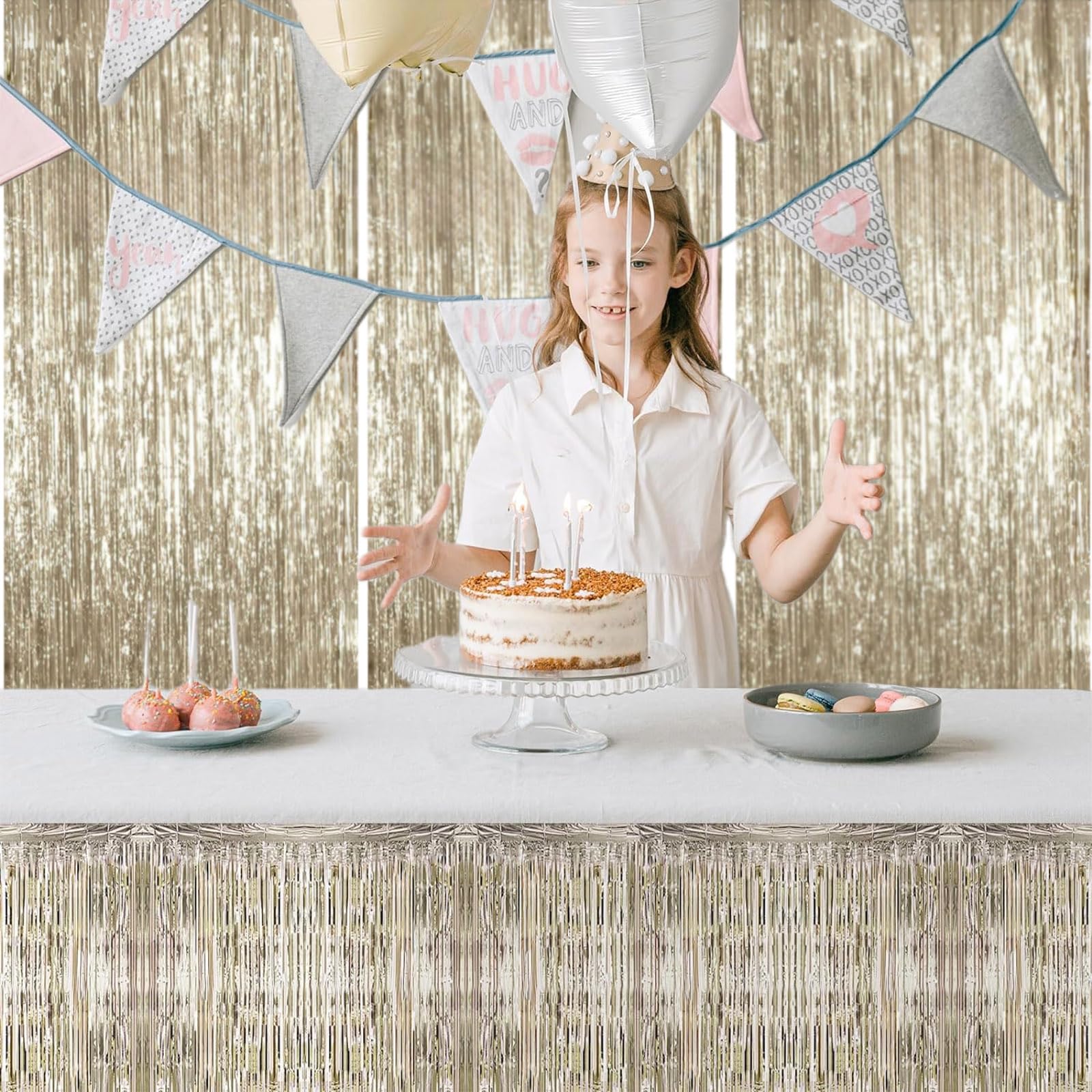 Party Dekorationsset Champagner Gold - Mit Lametta, Fransenvorhängen & Luftschlangen