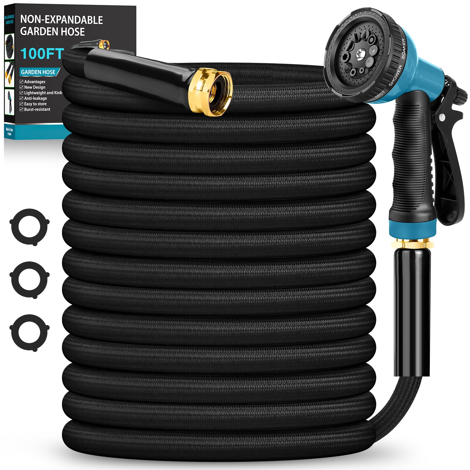 Photo 1 of BAZOLOTA Garden Hose 100FT Non-Expanding, Lightweight Hose With 10-Function Nozzle, Leak-Proof, No-Knot, Easy to Carry, Wear-Resistant, Sturdy 3/4GHT Flexible Water Hose for Yard Garden Outdoor
