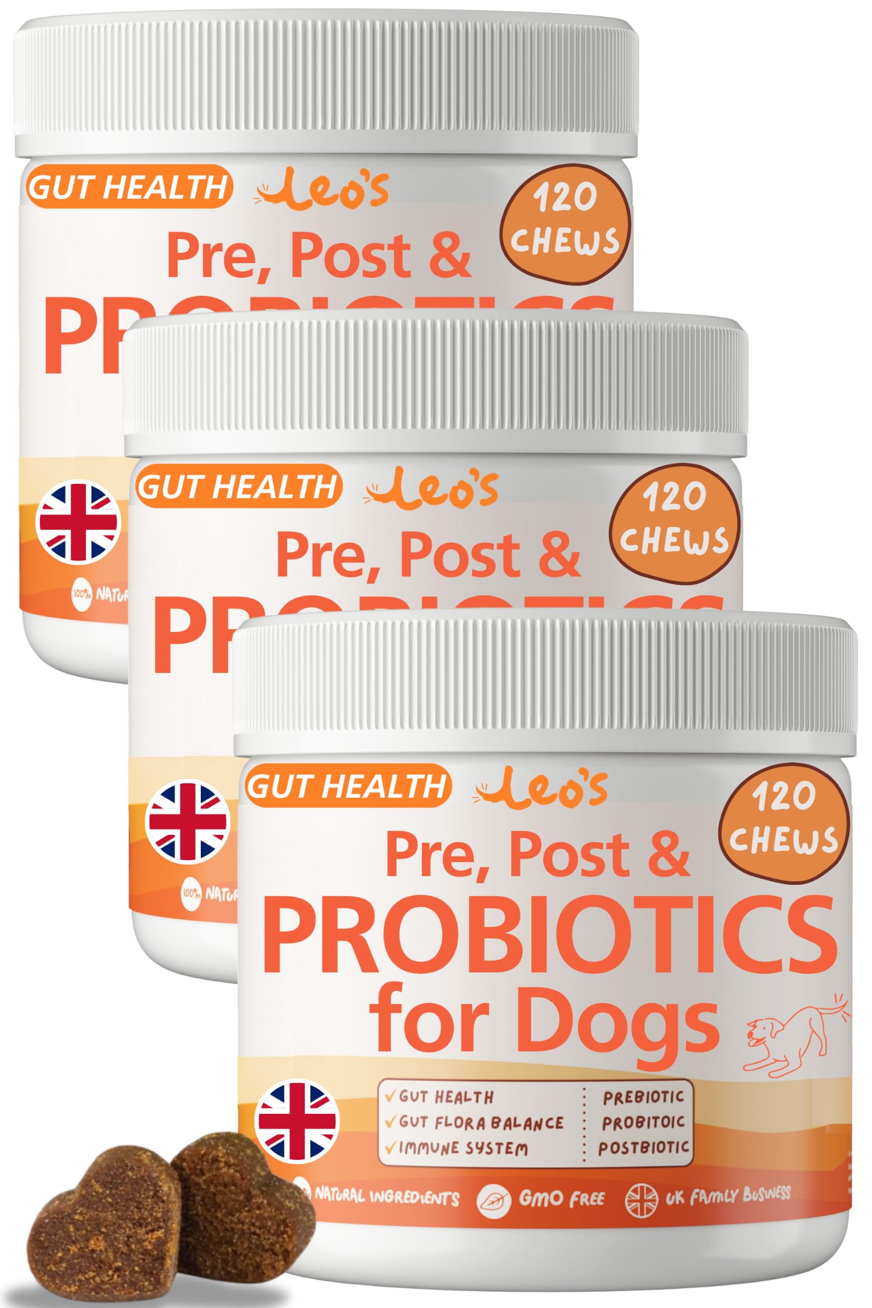 Leo's Probiotic for Dogs chews | Natural Dog Probiotic Supplements | Pro Biotics for Gut Health Dog | Pre Pro and Post Biotic dog treats | Gut Health, Anal Glands, Grass-Eating, Itchy Ears | 3 pack