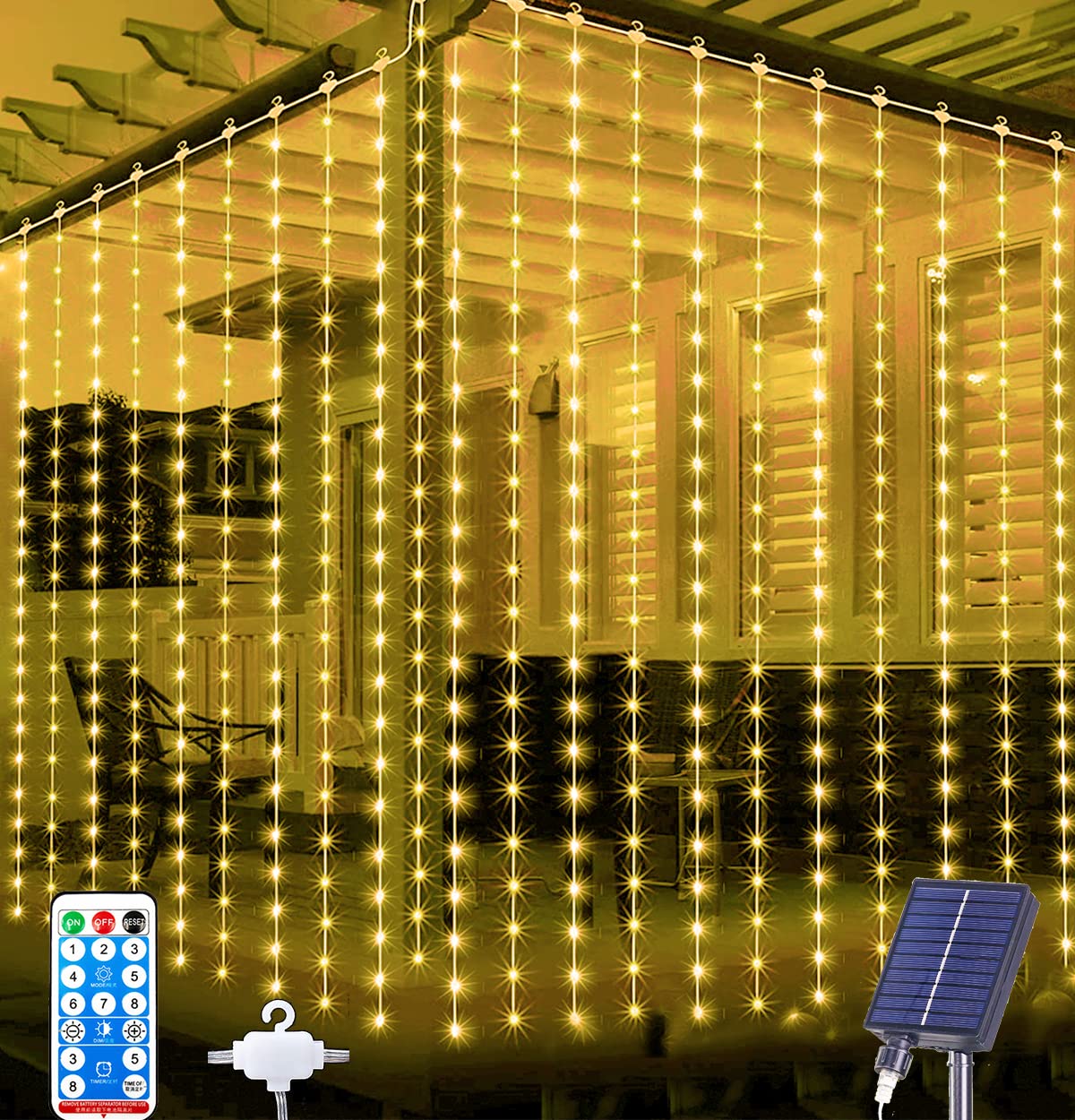 Solar Curtain Lights 3M x 3M Gazebo Lights with Remote Control, 8 Modes Waterfall Fairy Light Waterproof Curtain String Light for Garden Party Wedding Pergola Wall Decoration - Warm White