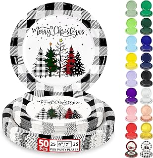 50 Christmas Paper Plates Disposable Set Includes 25-9" & 25-7" Xmas Buffalo Plaid Dessert Dinner Plates for Party Supplies(Black,white,Plaid)
